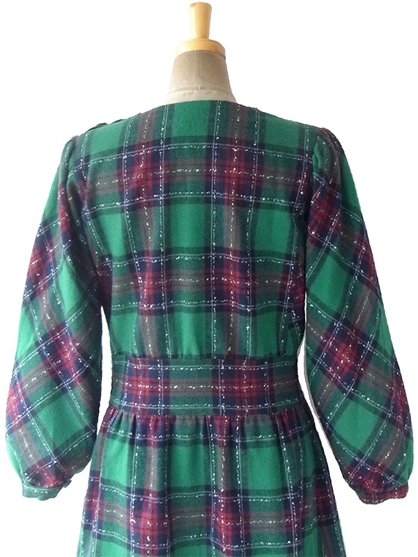 ヨーロッパ古着 フランス買い付け 60年代製 グリーン X ネイビー・レッド チェック柄 肩ボタン パフスリーブ ウール ワンピース 16FC511