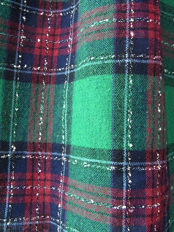 ヨーロッパ古着 フランス買い付け 60年代製 グリーン X ネイビー・レッド チェック柄 肩ボタン パフスリーブ ウール ワンピース 16FC511