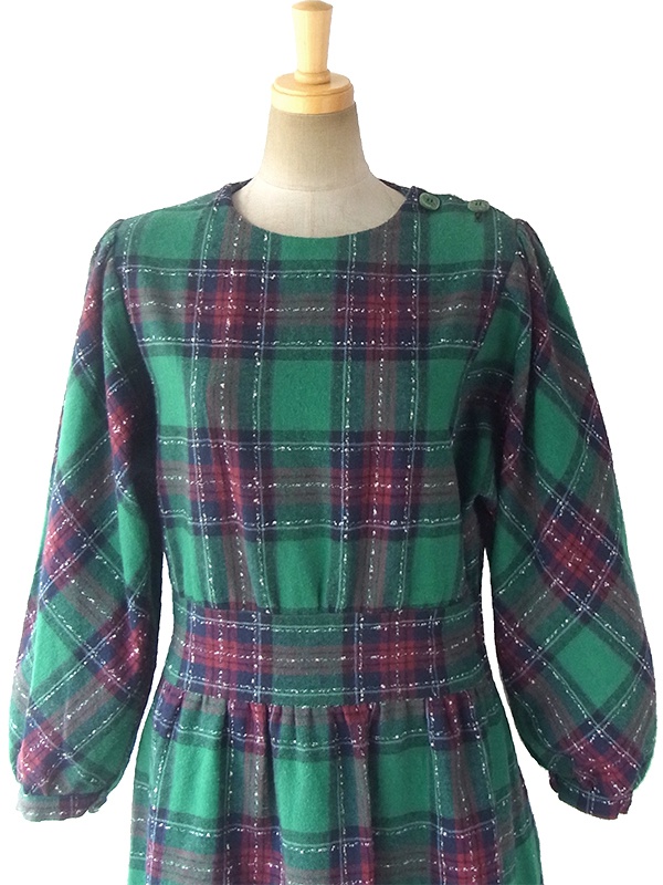 ヨーロッパ古着 フランス買い付け 60年代製 グリーン X ネイビー・レッド チェック柄 肩ボタン パフスリーブ ウール ワンピース 16FC511