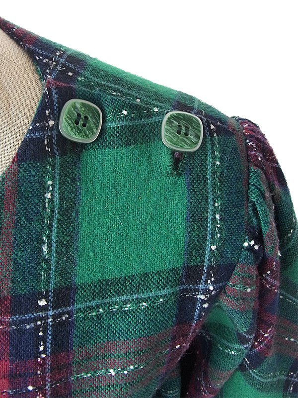 ヨーロッパ古着 フランス買い付け 60年代製 グリーン X ネイビー・レッド チェック柄 肩ボタン パフスリーブ ウール ワンピース 16FC511