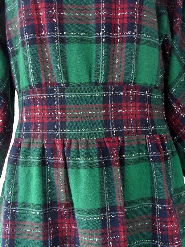 ヨーロッパ古着 フランス買い付け 60年代製 グリーン X ネイビー・レッド チェック柄 肩ボタン パフスリーブ ウール ワンピース 16FC511