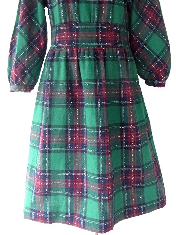 ヨーロッパ古着 フランス買い付け 60年代製 グリーン X ネイビー・レッド チェック柄 肩ボタン パフスリーブ ウール ワンピース 16FC511