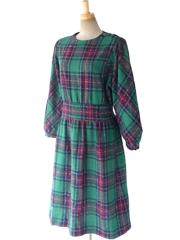 ヨーロッパ古着 フランス買い付け 60年代製 グリーン X ネイビー・レッド チェック柄 肩ボタン パフスリーブ ウール ワンピース 16FC511