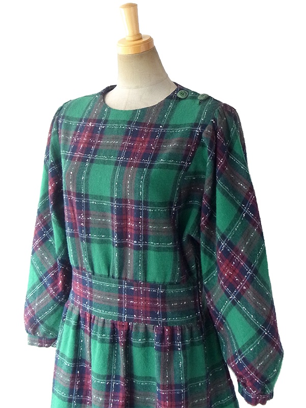 ヨーロッパ古着 フランス買い付け 60年代製 グリーン X ネイビー・レッド チェック柄 肩ボタン パフスリーブ ウール ワンピース 16FC511