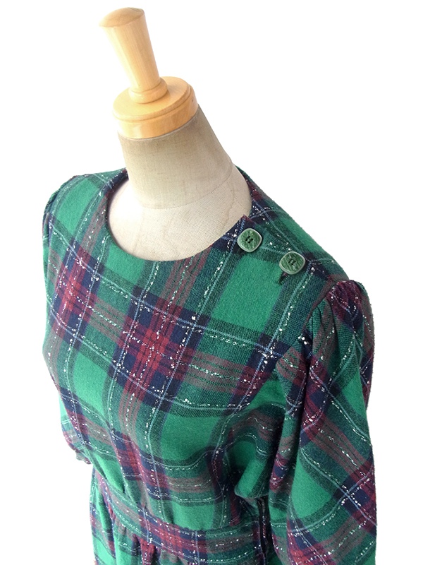 ヨーロッパ古着 フランス買い付け 60年代製 グリーン X ネイビー・レッド チェック柄 肩ボタン パフスリーブ ウール ワンピース 16FC511