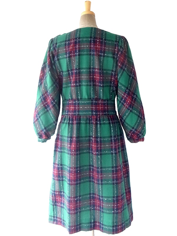 ヨーロッパ古着 フランス買い付け 60年代製 グリーン X ネイビー・レッド チェック柄 肩ボタン パフスリーブ ウール ワンピース 16FC511