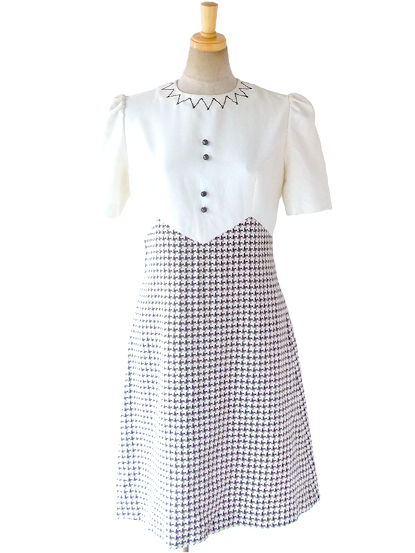 送料無料 ロンドン買い付け 60年代製 ホワイト X ブラウン デザインステッチ 千鳥格子ウールスカート ワンピース 16om1000 ヨーロッパ古着