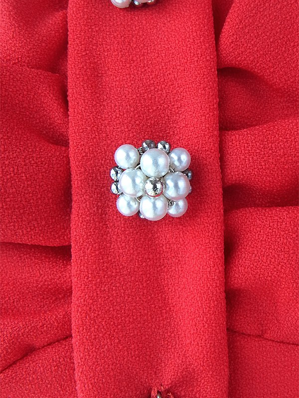 ヨーロッパ古着 ロンドン買い付け 60年代製 真紅 X フェイクパール飾りボタン 胸元ドレープ Aライン ワンピース 16OM1001