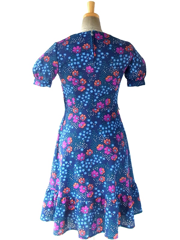 ヨーロッパ古着 ロンドン買い付け 70年代製 ブルー X カラフル花柄プリント パフスリーブ ワンピース 16OM1013