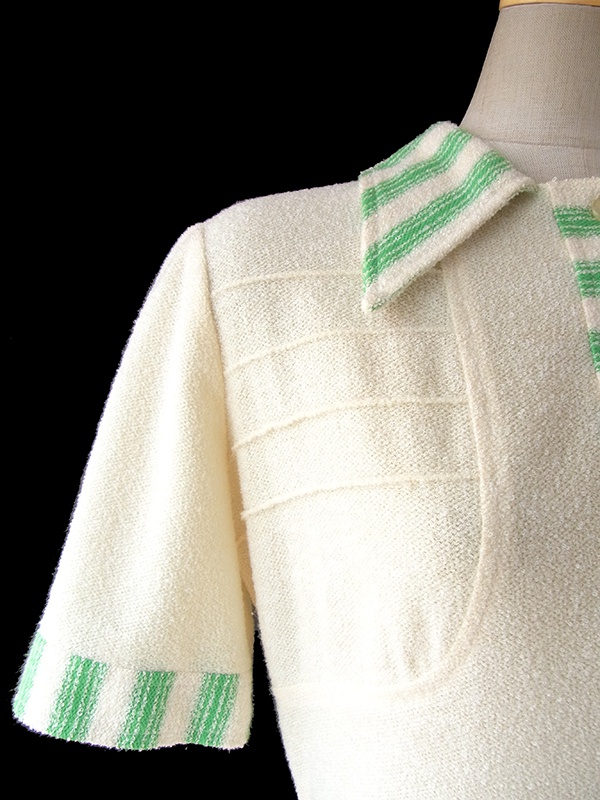 ヨーロッパ古着 ロンドン買い付け 60年代フランス製 オフホワイト X ライムグリーンストライプ レトロ ワンピース 16OM142