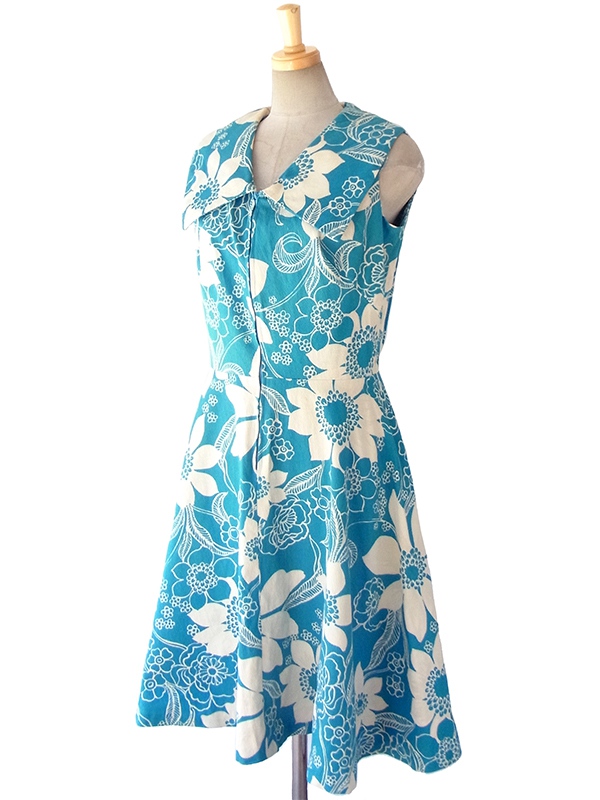 ヨーロッパ古着 ロンドン買い付け 60年代製 水色 X アイボリー 花柄 フロントジップ レトロ ワンピース 16OM220