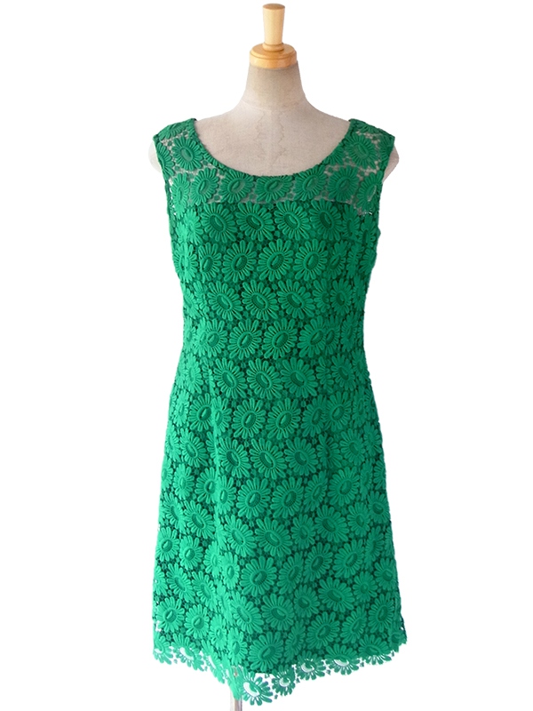 ヨーロッパ古着 ロンドン買い付け 60年代製 ビリジアングリーン X マーガレット柄総レース ワンピース 16OM303