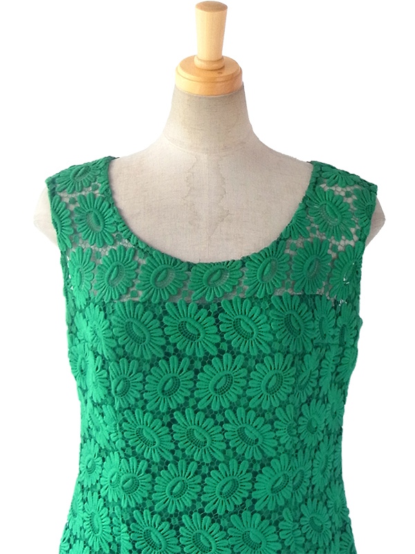 ヨーロッパ古着 ロンドン買い付け 60年代製 ビリジアングリーン X マーガレット柄総レース ワンピース 16OM303