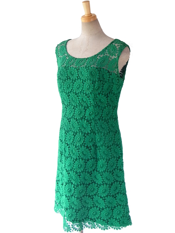 ヨーロッパ古着 ロンドン買い付け 60年代製 ビリジアングリーン X マーガレット柄総レース ワンピース 16OM303