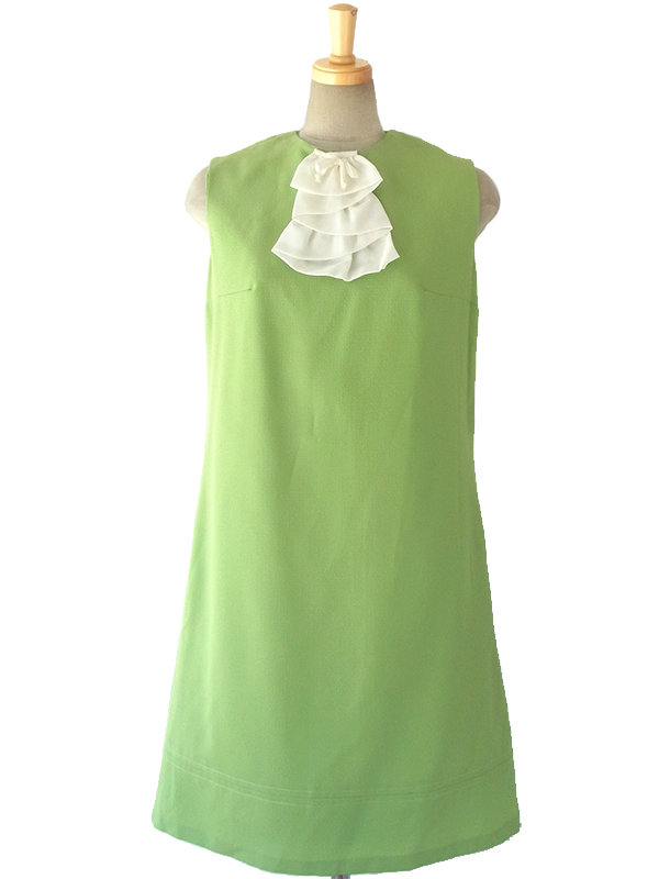 ヨーロッパ古着 ロンドン買い付け 60年代製 ウグイス色 X ホワイト フリルリボン ヴィンテージ ワンピース 16OM319