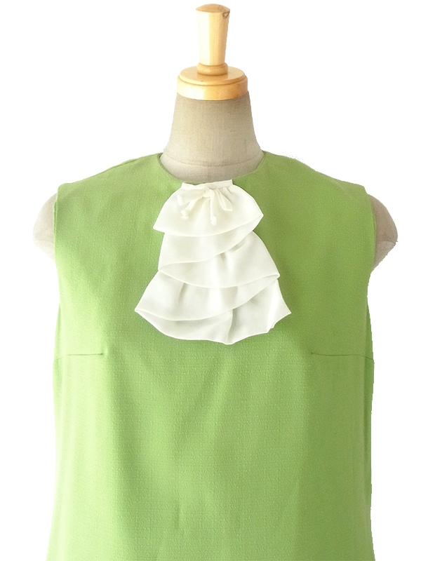 ヨーロッパ古着 ロンドン買い付け 60年代製 ウグイス色 X ホワイト フリルリボン ヴィンテージ ワンピース 16OM319