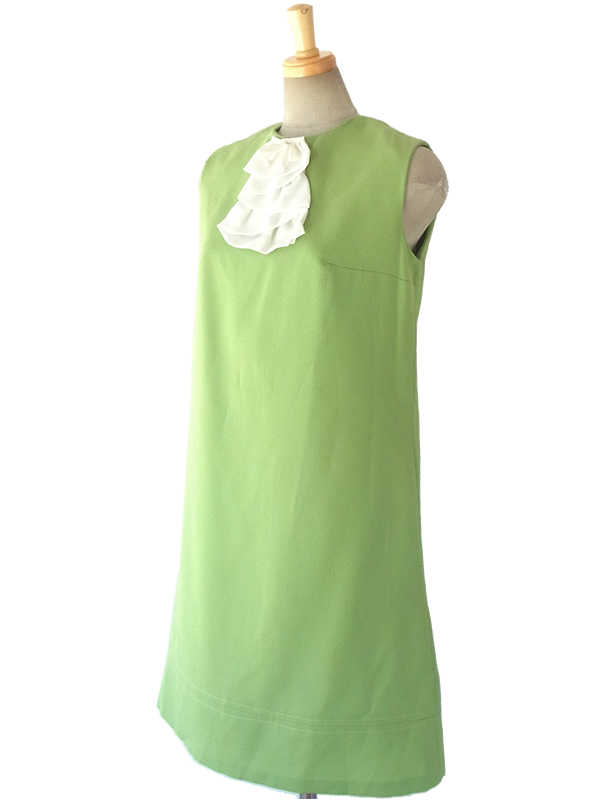 ヨーロッパ古着 ロンドン買い付け 60年代製 ウグイス色 X ホワイト フリルリボン ヴィンテージ ワンピース 16OM319