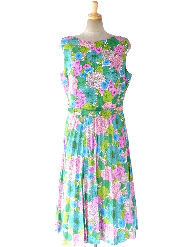 ヨーロッパ古着 ロンドン買い付け 60年代製 カラフルな花柄プリント X 同柄ベルト付き プリーツ ワンピース 16OM402