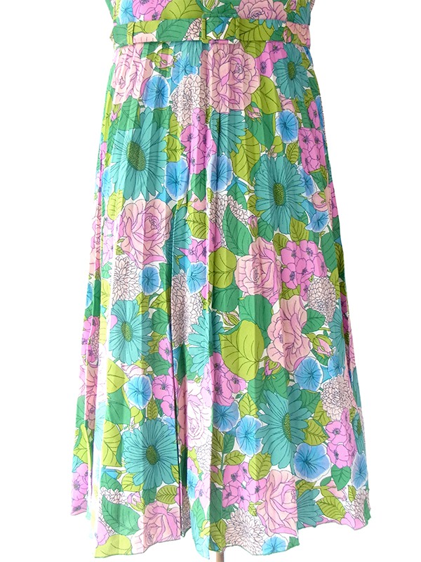 ヨーロッパ古着 ロンドン買い付け 60年代製 カラフルな花柄プリント X 同柄ベルト付き プリーツ ワンピース 16OM402