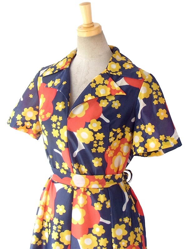 ヨーロッパ古着 ロンドン買い付け 60年代製 ネイビー X カラフルなレトロ花柄 共布ベルト付き ワンピース 16OM405