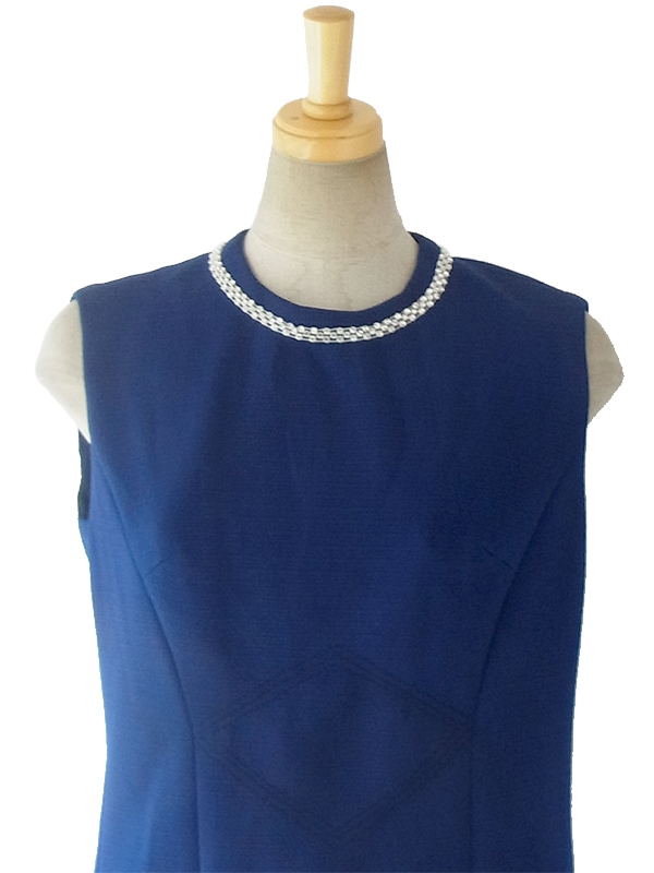 ヨーロッパ古着 ロンドン買い付け ロイヤルブルー X ラインストーン飾り ダイヤ型ステッチ ヴィンテージ ワンピース 16OM407