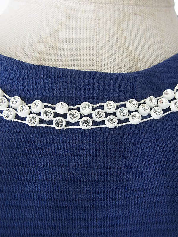 ヨーロッパ古着 ロンドン買い付け ロイヤルブルー X ラインストーン飾り ダイヤ型ステッチ ヴィンテージ ワンピース 16OM407