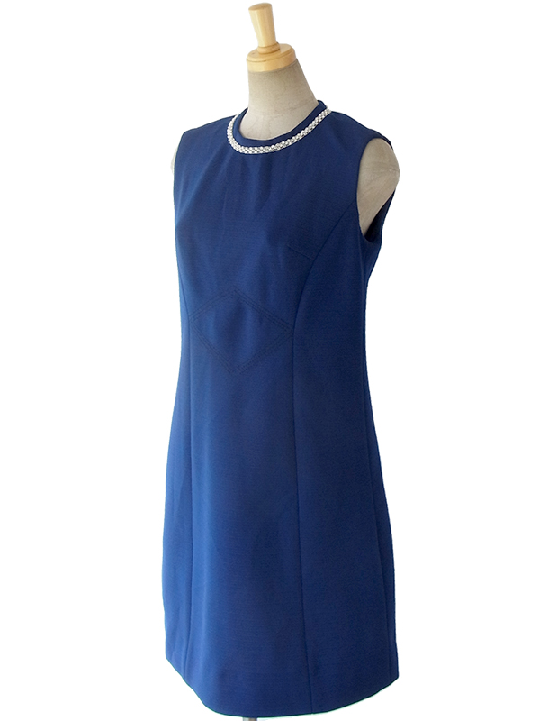 ヨーロッパ古着 ロンドン買い付け ロイヤルブルー X ラインストーン飾り ダイヤ型ステッチ ヴィンテージ ワンピース 16OM407