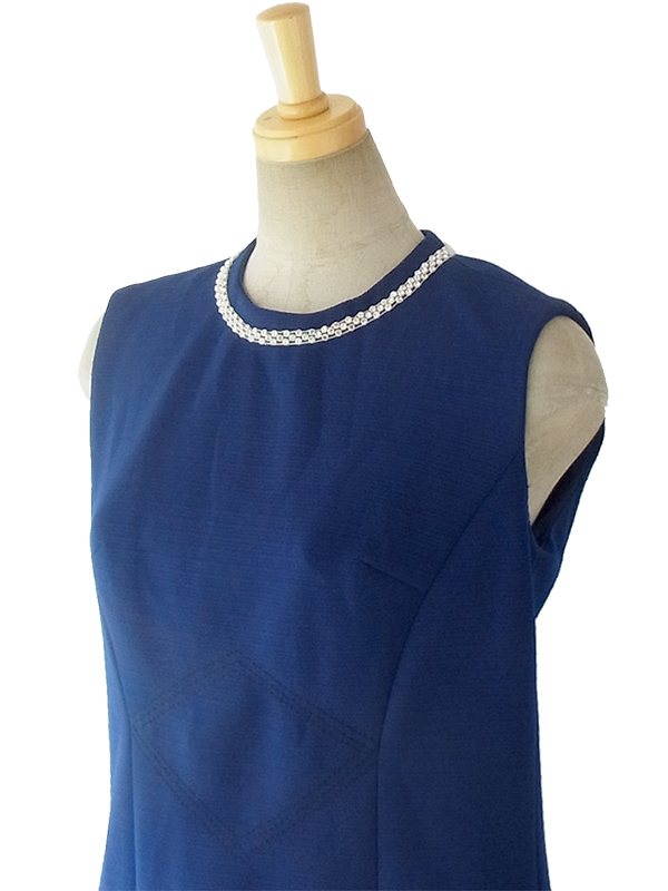 ヨーロッパ古着 ロンドン買い付け ロイヤルブルー X ラインストーン飾り ダイヤ型ステッチ ヴィンテージ ワンピース 16OM407