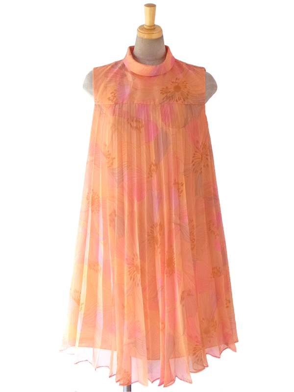 ヨーロッパ古着 ロンドン買い付け 60年代製 アプリコットオレンジ X 繊細な花柄プリント シフォン プリーツ ワンピース 16OM408
