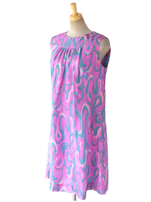 ヨーロッパ古着 ロンドン買い付け 60年代製 パープル・ピンクトーンのレトロサイケプリント ワンピース 16OM607