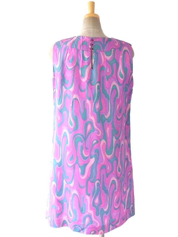 ヨーロッパ古着 ロンドン買い付け 60年代製 パープル・ピンクトーンのレトロサイケプリント ワンピース 16OM607