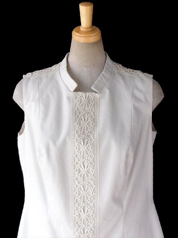 ヨーロッパ古着 ロンドン買い付け アイボリー X レース装飾 ボックスプリーツ ヴィンテージ ワンピース 16OM618