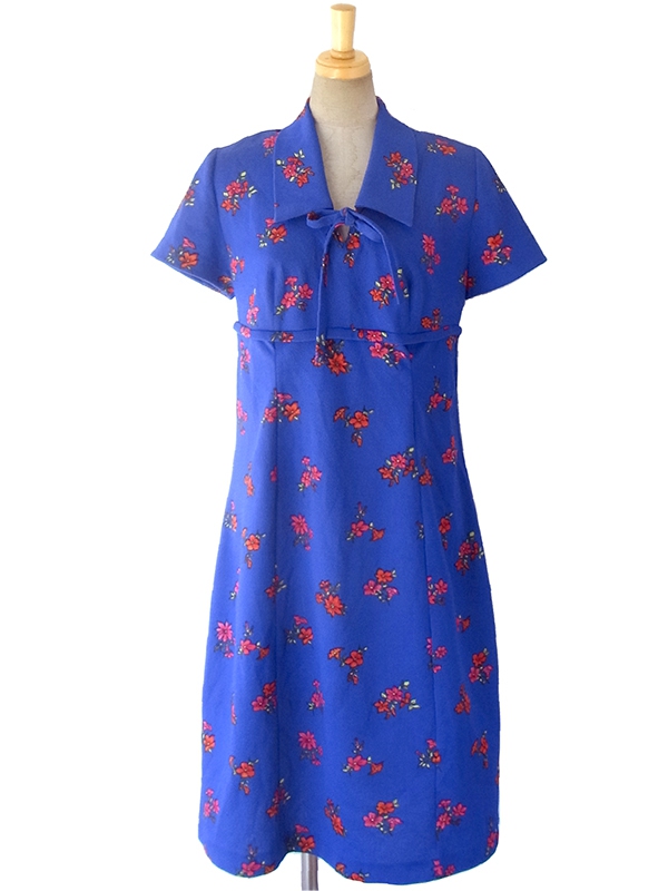 ヨーロッパ古着 ロンドン買い付け 70年代製 ブルー X 花柄 リボン紐 レトロワンピース 16OM722