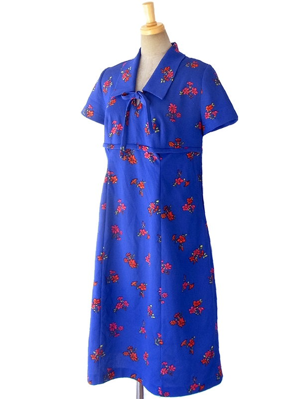 ヨーロッパ古着 ロンドン買い付け 70年代製 ブルー X 花柄 リボン紐 レトロワンピース 16OM722