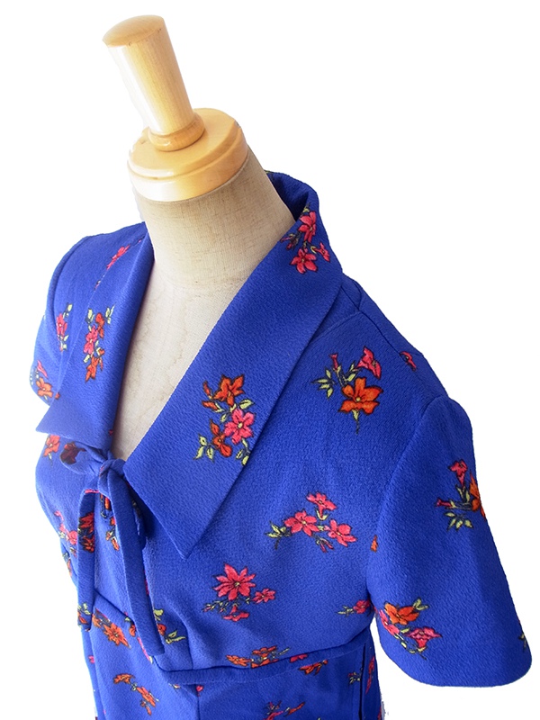 ヨーロッパ古着 ロンドン買い付け 70年代製 ブルー X 花柄 リボン紐 レトロワンピース 16OM722