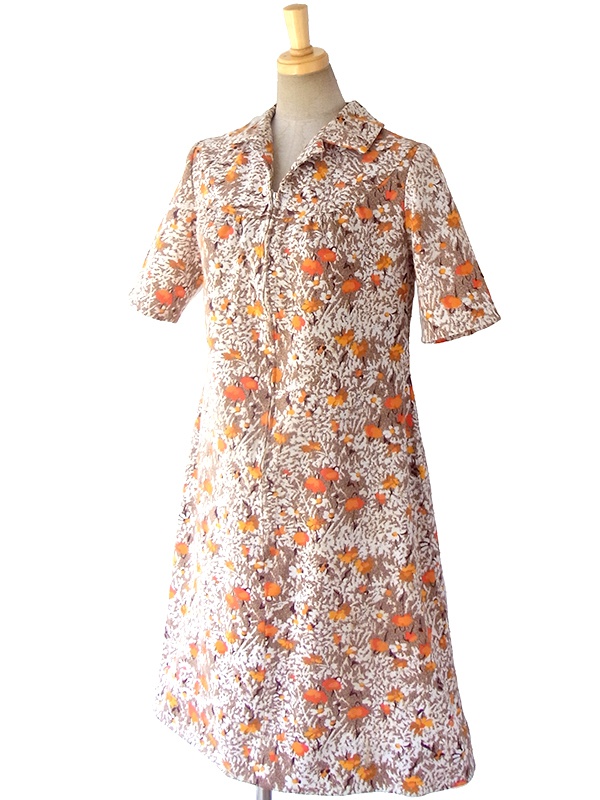 ヨーロッパ古着 ロンドン買い付け 70年代製 ブラウン・オレンジ・ホワイト 花柄 フロントジップ レトロ ワンピース 16OM730