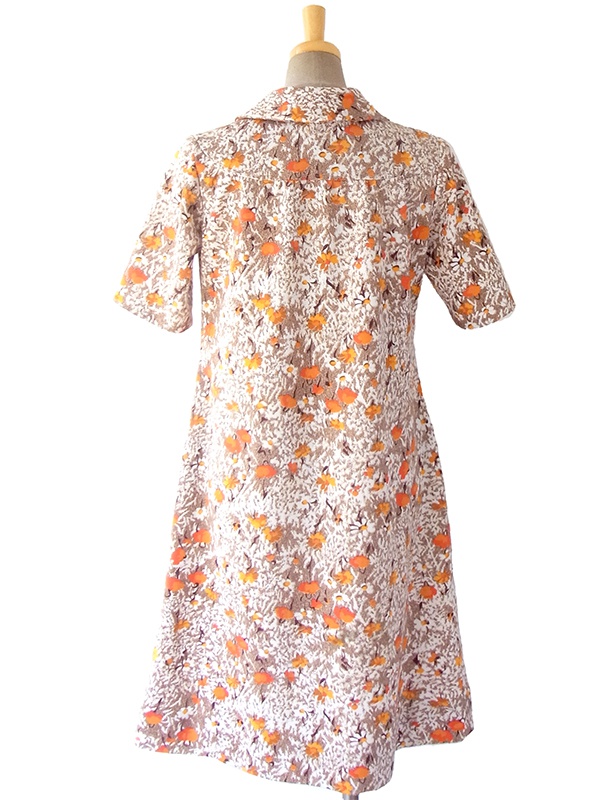 ヨーロッパ古着 ロンドン買い付け 70年代製 ブラウン・オレンジ・ホワイト 花柄 フロントジップ レトロ ワンピース 16OM730