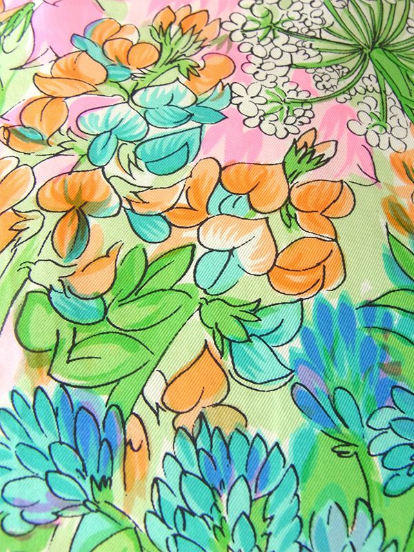 ヨーロッパ古着 ロンドン買い付け 70年代製 ライムグリーン X カラフルな花柄イラスト プリーツ ワンピース 16OM738