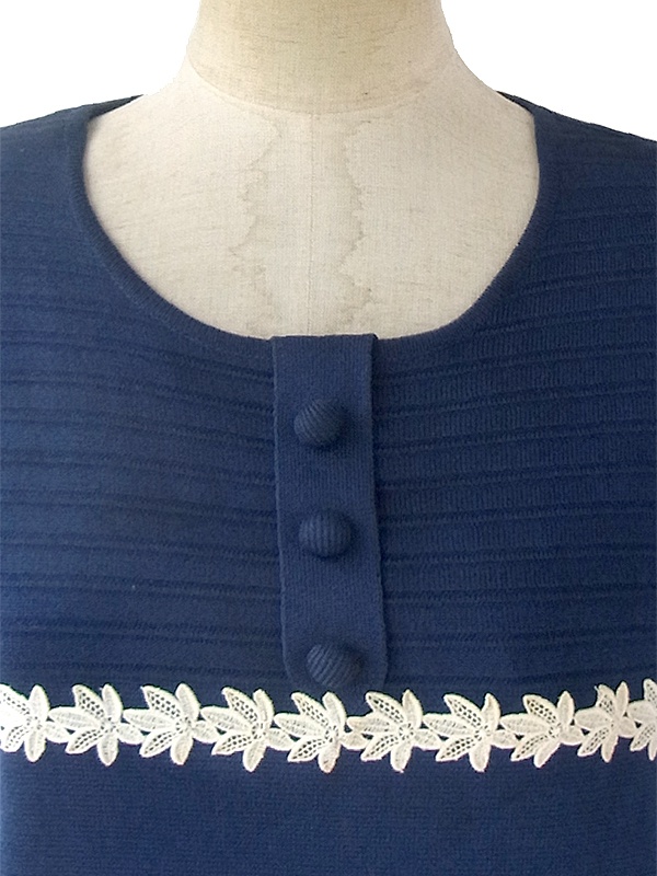 ヨーロッパ古着 ロンドン買い付け 60年代製 ネイビー X ホワイト 花柄レースライン ヴィンテージ ワンピース 16OM745