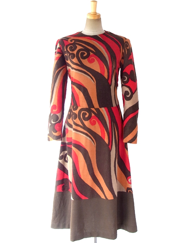 ロンドン買い付け 70年代製 ブラウン X レッド・オレンジ・ベージュ レトロ模様 ワンピース 16OM802