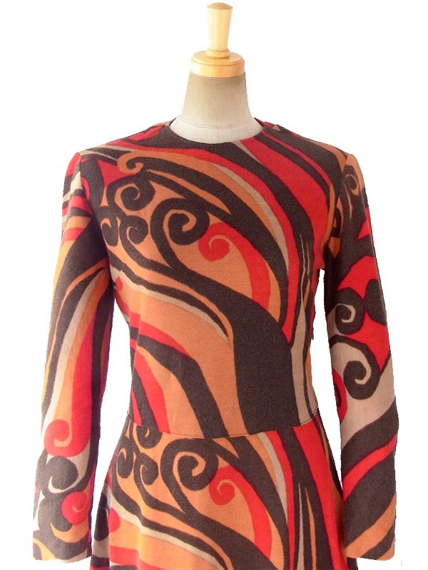 ロンドン買い付け 70年代製 ブラウン X レッド・オレンジ・ベージュ レトロ模様 ワンピース 16OM802