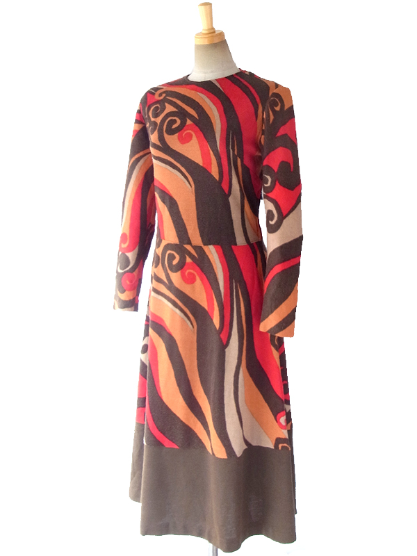 ロンドン買い付け 70年代製 ブラウン X レッド・オレンジ・ベージュ レトロ模様 ワンピース 16OM802