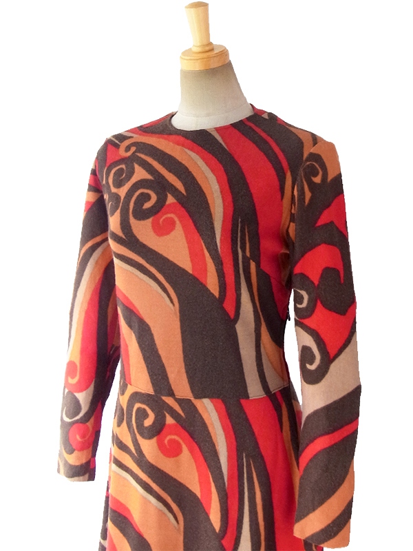 ロンドン買い付け 70年代製 ブラウン X レッド・オレンジ・ベージュ レトロ模様 ワンピース 16OM802