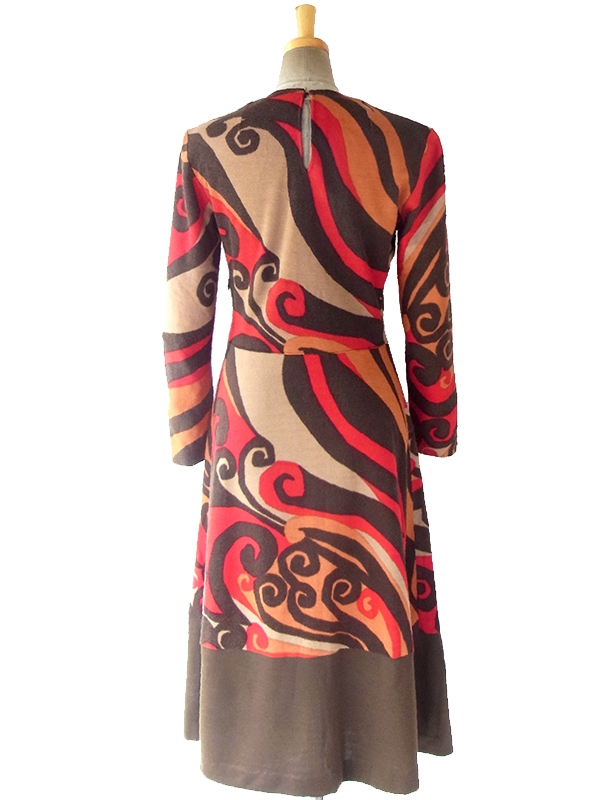 ロンドン買い付け 70年代製 ブラウン X レッド・オレンジ・ベージュ レトロ模様 ワンピース 16OM802
