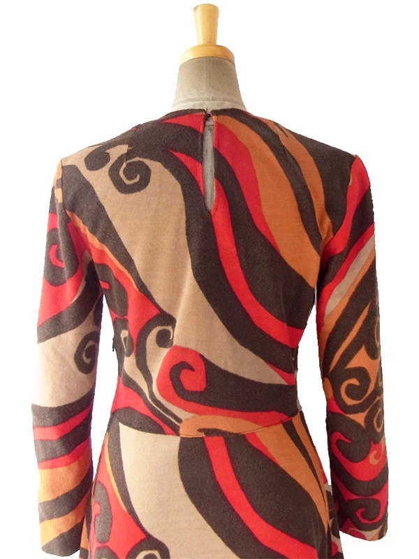 ロンドン買い付け 70年代製 ブラウン X レッド・オレンジ・ベージュ レトロ模様 ワンピース 16OM802