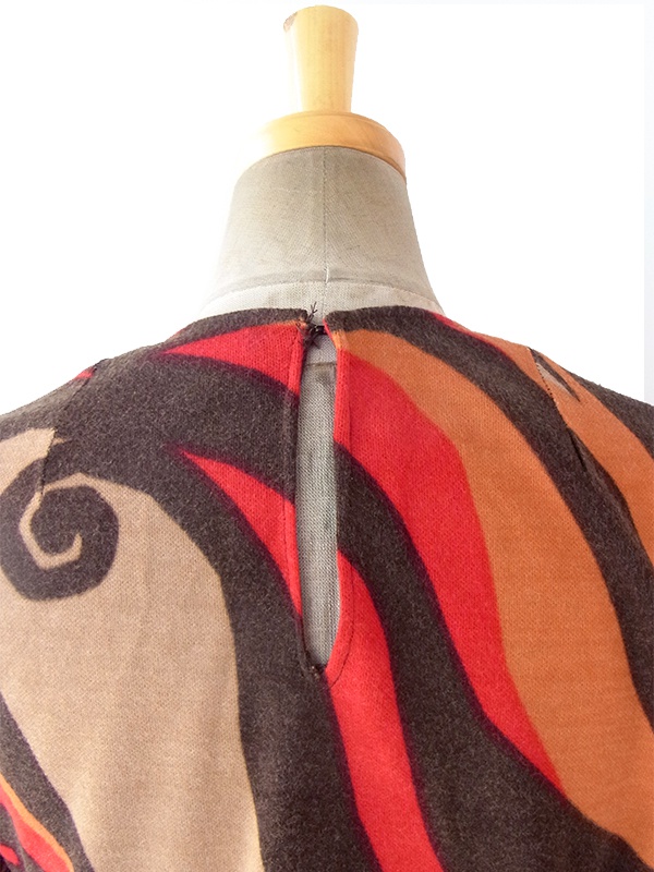 ロンドン買い付け 70年代製 ブラウン X レッド・オレンジ・ベージュ レトロ模様 ワンピース 16OM802