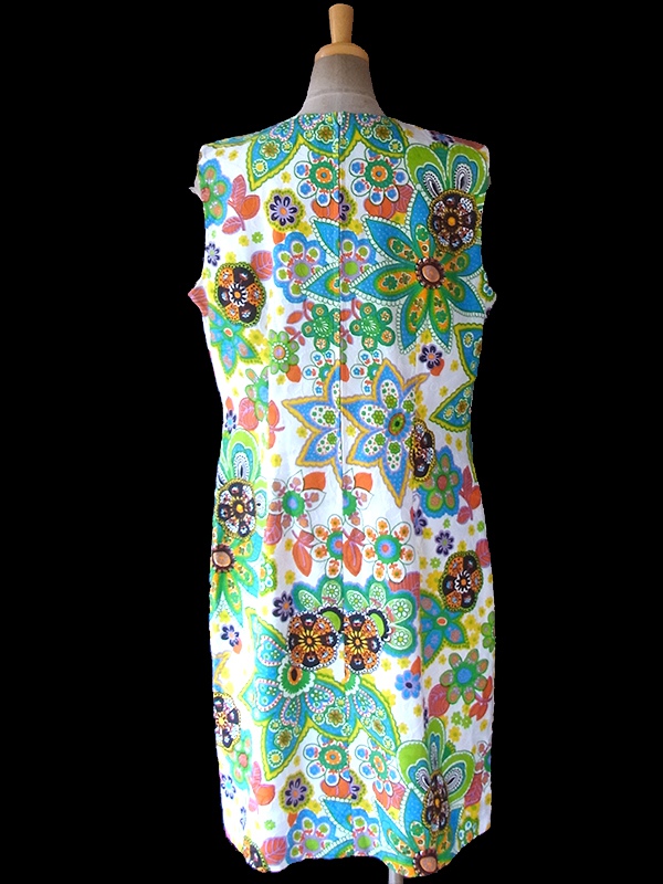 ヨーロッパ古着 ロンドン買い付け 60年代製 ホワイト X カラフル花柄プリント 花柄の浮かび上がる生地 レトロ ワンピース 16OM918