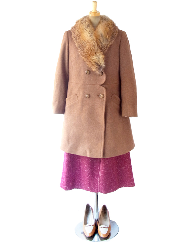 ヨーロッパ古着 ロンドン買い付け 60年代製 ブラウン X ふかふかファー襟 スカラップ風ウェスト ウール コート 16OM929
