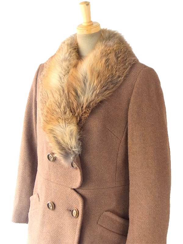 ヨーロッパ古着 ロンドン買い付け 60年代製 ブラウン X ふかふかファー襟 スカラップ風ウェスト ウール コート 16OM929