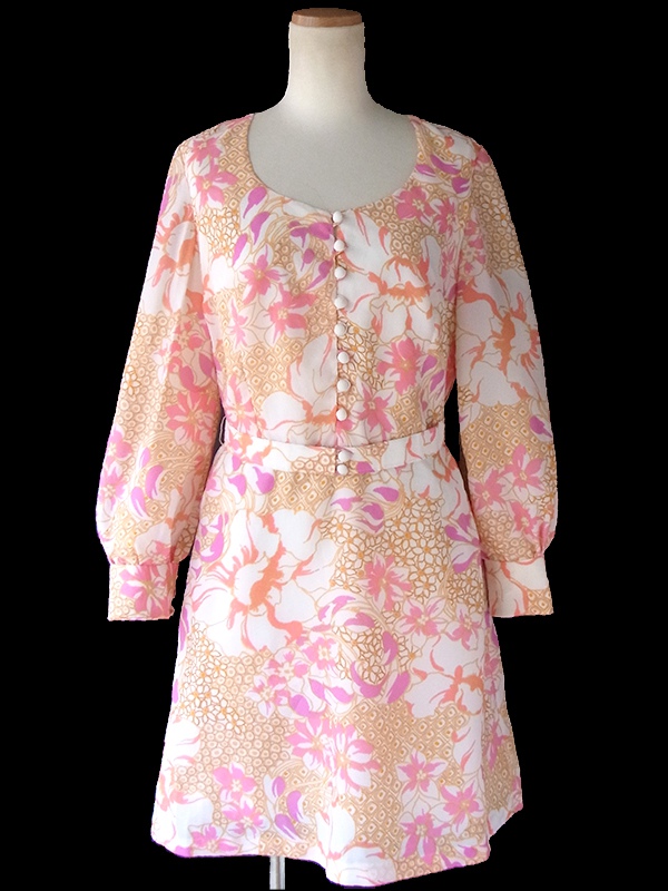 ヨーロッパ古着 ロンドン買い付け ホワイト X オレンジ・ピンク・パープル 花柄 共布ベルト付き レトロ ワンピース 17BS012